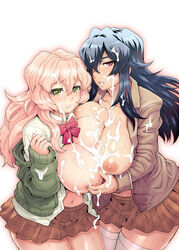 2girls breast_press breasts cum cum_on_breasts huge_breasts itou_eito looking_at_viewer multiple_girls nipples open_clothes open_shirt original shirt