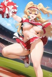 ai_generated bare_legs blonde_hair cheerleader clay_(nikke) gigantic_breasts goddess_of_victory:_nikke huge_breasts huge_thighs light-skinned_female light_skin massive_breasts miniskirt moriaaa pink_eyes pom_poms smiling solo_female squatting sweat sweatdrop thick_body thick_female thick_thighs thighs twintails voluptuous voluptuous_female