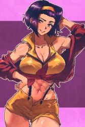 1girls abs bare_shoulders bare_thighs big_breasts clothed clothing color cowboy_bebop faye_valentine female female_focus female_only fit_female hi_res large_breasts light-skinned_female light_skin looking_at_viewer muscles muscular muscular_female pixel_art purple_eyes purple_hair short_hair solo solo_female spoiledmuffin tagme thick_thighs
