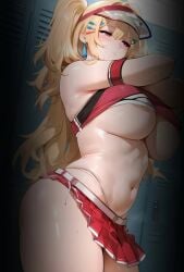 ai_generated areolae_visible_through_clothing bare_legs big_ass big_butt blonde_hair blush cheerleader clay_(nikke) fat_ass gigantic_breasts goddess_of_victory:_nikke horny horny_female huge_breasts huge_thighs light-skinned_female light_skin massive_breasts miniskirt moriaaa pink_eyes restroom solo_female squatting sweat sweatdrop thick_body thick_female thick_thighs thighs twintails voluptuous voluptuous_female