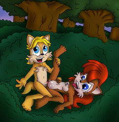 anthro antoine_d'coolette blonde_hair blue_eyes breasts canine chipmunk coyote darkzadar female forest hair male nude open_mouth penetration penis pussy red_hair rodent sally_acorn sega sex smile sonic_(series) straight tongue tree vaginal_penetration