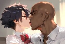 1boy ai_generated black_hair bleach dark-skinned_male dark_skin french_kiss gigantic_breasts huge_breasts interracial light-skinned_female light_skin massive_breasts muscular_male nakatori nude nude_male red_eyes school_uniform schoolgirl short_hair shounen_jump squatting sweat sweatdrop tatsuki_arisawa tomboy voluptuous voluptuous_female