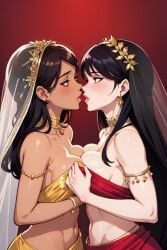 2girls about_to_kiss ai_generated bare_shoulders big_breasts breast_press breasts dark-skinned_female dark_skin earrings gold_jewelry hourglass_figure imminent_kiss indian indian_clothes indian_female jewelry kissing light-skinned_female light_skin lipstick navel necklace red_clothing round_breasts saree sari simple_background symmetrical_docking veil yellow_clothing yuri