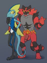2024 3_toes 5_fingers anthro balls blue_body blue_skin blue_tail blush breasts cheek_tuft clenched_teeth duo facial_tuft feet female fingers fur generation_7_pokemon generation_8_pokemon genitals green_eyes grey_background hand_on_hip hi_res incineroar inteleon looking_at_another looking_back male male/female markings navel nintendo nipples nude penis pokemon pokemon_(species) pussy red_body red_fur sealer4258 simple_background small_breasts standing striped_markings striped_tail stripes tail tail_markings teeth toes tuft yellow_eyes yellow_sclera