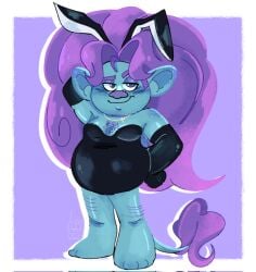 1boy blue_eyes blue_skin bruce_(trolls) bunny_ears bunnysuit chubby_male male_only playboy_bunny purple_hair smug_grin spruce_(trolls) troll trolls_(film) trolls_band_together