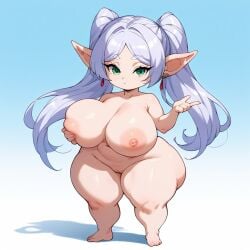 1girls ai_generated big_ass big_breasts big_butt brax_(artist) breast_squeeze breasts_bigger_than_head elf frieren giant_breasts green_eyes shortstack smaller_female solo_female sousou_no_frieren white_hair wide_hips