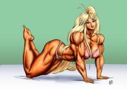 abs biceps big_breasts big_muscles blonde_hair breasts dcmatthews female green_eyes hair long_hair muscles muscular_arms muscular_female muscular_legs muscular_thighs pecs tetsuko veins