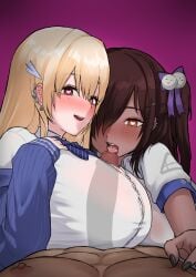 1boy 2girls blonde_hair blush breasts brown_eyes clothed_female_nude_male dark-skinned_female dark-skinned_male dark_skin ear_piercing earrings fellatio ffm_threesome gamogamo goddess_of_victory:_nikke group_sex gyaru heart heart-shaped_pupils highres huge_breasts interracial jewelry large_breasts large_penis licking licking_penis mole mole_under_eye mole_under_mouth multiple_girls naga_(nikke) nipple_stimulation nipple_tweak open_mouth oral paizuri paizuri_under_clothes penis piercing red_eyes straight symbol-shaped_pupils textless_version threesome tia_(nikke) x-ray