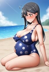 ai_generated beach black_hair blue_swimsuit blush breasts brown_eyes cleavage closed_mouth collarbone covered_navel eyebrows_visible_through_hair female hand_on_stomach huge_breasts incest_pregnancy kantai_collection long_hair looking_at_viewer ocean one-piece_swimsuit outdoors polka_dot polka_dot_bikini polka_dot_swimsuit pregnant sand shiny shiny_skin solo standing swimsuit swollen_breasts ushio_(kantai_collection) water yuki_to_hana_(style)