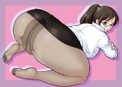 ass bent_over censored feet glasses holon mosaic_censoring no_panties panties pantyhose presenting_hindquarters simple_background skirt white_shirt