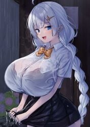 blue_eyes bra_showing kizuna_akari large_breasts open_mouth pov twintails vocaloid wet_clothes white_hair