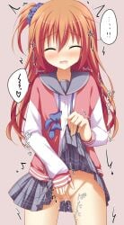 ... aroused ass_visible_through_thighs between_legs blue_bow blue_bowtie blue_scrunchie blush bow bowtie closed_eyes clothes_lift commentary_request cowboy_shot drooling facing_viewer female female_masturbation female_orgasm fingering grey_sailor_collar grey_skirt groin hair_between_eyes hair_ornament hair_scrunchie hand_between_legs heart heavy_breathing highres inaba_meguru jacket korokoro_cat letterman_jacket lifting_own_clothes long_hair masturbation miniskirt mouth_drool no_panties nose_blush one_side_up open_mouth orange_hair orgasm pink_background pink_jacket plaid_clothes plaid_skirt pleated_skirt pussy pussy_juice sailor_collar sanoba_witch school_uniform scrunchie serafuku shirt simple_background skirt skirt_lift sleeves_past_wrists solo speech_bubble spoken_ellipsis spoken_heart twitching undone_bowtie wavy_mouth white_shirt white_sleeves