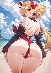 1girls 2d ai_generated ass back_view beach big_breasts blonde_hair demon demon_girl demon_horns disgaea disgaea_rpg leotard lucy_(disgaea_rpg) nippon_ichi_software red_eyes red_leotard short_hair smile solo solo_female solo_focus tagme