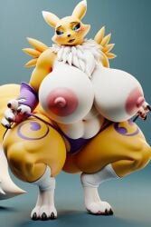 ai_generated belly_overhang big_ass big_breasts digimon digimon_(species) gigantic_ass gigantic_breasts hunkbsaa massive_ass massive_breasts renamon squatting