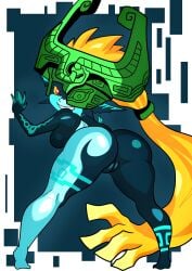 absurd_res armor ass big_ass black_body blue_background blue_body blue_markings breasts female furry_funnychan genitals hair headgear helmet hi_res humanoid humanoid_pointy_ears imp imp_midna long_hair looking_at_viewer looking_back looking_back_at_viewer markings midna nintendo nude one_eye_obstructed orange_hair orange_sclera ponytail prehensile_hair pussy rear_view red_eyes simple_background small_breasts solo the_legend_of_zelda thick_thighs twili twilight_princess white_background wide_hips