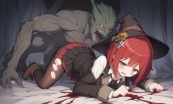 ai_generated blood danganronpa danganronpa_v3 leggings legwear monster rape red_hair short_hair torn_legwear witch witch_hat yumeno_himiko