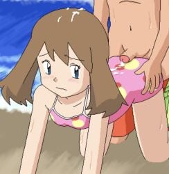 all_fours brown_hair creatures_(company) disappointed doggy_style game_freak may_(pokemon) nintendo one-piece_swimsuit pokemon satoshi_(pokemon) small_penis small_penis_humiliation