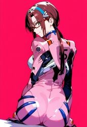 1girls ai_generated ass brown_hair glasses looking_back mari_illustrious_makinami neon_genesis_evangelion plugsuit red_background shoppy sitting smile