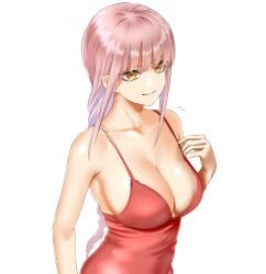 breasts chainsaw_man closed_mouth dress female highres large_breasts long_braid makima_(chainsaw_man) mitsugu pink_hair red_dress ringed_eyes simple_background smile solo white_background yellow_eyes