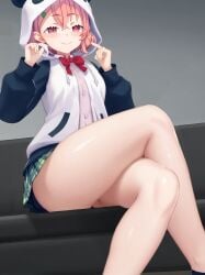 1girls ai_generated bowtie crossed_legs female female_only from_below hoodie looking_at_viewer pink_eyes pink_hair sasaki_saku short_hair sitting skirt smile solo solo_female thighs virtual_youtuber