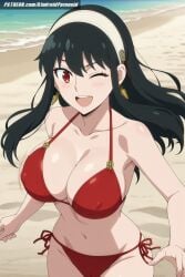 1girls ai_generated aindroidparanoid beach big_breasts bikini black_hair breasts busty cleavage covered_nipples curvy female female_only huge_ass huge_breasts huge_butt human large_ass large_breasts long_hair nipples ocean outdoors red_eyes solo spy_x_family stable_diffusion straight_hair swimsuit voluptuous yor_briar yor_forger