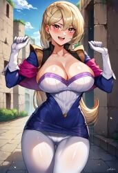 ai_generated blonde_hair blush clothing duelistmuser earrings female female gloria_tyler hi_res huge_breasts looking_at_viewer red_eyes solo voluptuous yu-gi-oh! yu-gi-oh!_arc-v