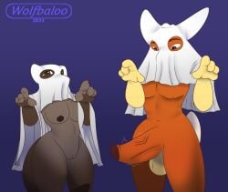 alani_(wolfbaloo) anthro balls clothing costume digital_media_(artwork) duo erection female fur genitals ghost_costume halloween halloween_costume holidays lagomorph leporid looking_at_viewer looking_down male male/female mammal mustelid nipples nude otter penis pussy rabbit roscoe_(wolfbaloo) short_stack simple_background tail wolfbaloo