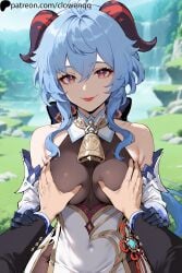 ai_generated blue_hair breast_grab breasts clothed clothing clowenqq cowbell ganyu_(genshin_impact) genshin_impact horns looking_at_viewer multicolored_eyes outdoors pov_hands smile