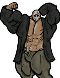 artist_request balls bara bulge clothing flaccid flexing friday_the_13th hand_behind_head hockey_mask jason_voorhees male male_only mask muscles muscular penis solo solo_male