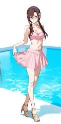 1girls ai_generated bare_shoulders brown_hair feet full_body glasses heels large_breasts mari_illustrious_makinami navel neon_genesis_evangelion pool shoppy skirt smile swimsuit toes