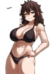 1girls ai_generated bikini bikini_bottom bikini_top hismajestyii huge_breasts large_breasts novelai pale-skinned_female pale_skin seiko_tanaka_(hismajestyii) showing_off smile smug smug_face toned toned_female