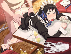 1girls arashiyama_hotori ass bangs bent_over black_hair blush bottle bottomless brown_eyes clothed_sex clothing counting_money cross_section cum cum_explosion cum_in_pussy cum_inside dimples_of_venus dress dress_lift ejaculation feet female from_behind from_behind_position highres indoors internal_cumshot legs long_sleeves looking_back lying maid maid_headdress maku_(l-u) male money on_stomach open_mouth panties panties_around_ankles panties_around_leg panties_removed penetration penis prostitution sex shoes short_hair skirt skirt_lift solo_focus soredemo_machi_wa_mawatteiru spread_legs standing_sex sweat table thighs tiptoes underwear uterus vaginal_penetration white_panties wrist_cuffs x-ray