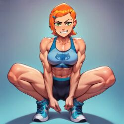 ai_generated ben_10 female green_eyes gwen_tennyson orange_hair smile sneakers sports_bra sports_shorts toned_female