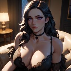 ai_generated apartment armchair big_breasts black_hair black_necklace blushing_at_viewer choker cleavage eogard_orc medallion night night_gown purple_eyes seductive see-through self_upload sitting_on_chair stable_diffusion the_witcher_(series) the_witcher_3:_wild_hunt yennefer