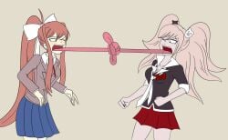 2girls angry crock2121 crossover danganronpa doki_doki_literature_club elongated_tongue elongation human human_only junko_enoshima light-skinned_female light_skin monika_(doki_doki_literature_club) school_uniform tongue tongue_out tongue_tied tugging what