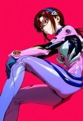 1girls ai_generated brown_hair glasses mari_illustrious_makinami neon_genesis_evangelion plugsuit red_background shoppy sitting smile