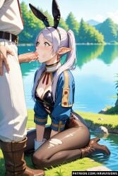 1boy 1girls ai_generated ariavisions blowjob cum_in_mouth earrings elf elf_ears female frieren frieren_beyond_journey's_end green_eyes kneeling male penis sousou_no_frieren surprised thick_eyebrows twintails white_hair