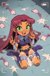 ai_generated chibi condom covered_in_cum cum cum_on_body cum_on_clothes dc dc_comics freiz_ai green_eyes koriand'r orange_skin red_hair starfire teen_titans