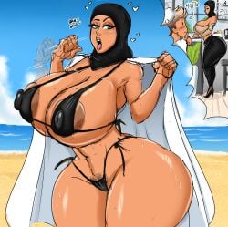 1boy 1female 1girls almira_as-salam_(flavorcream) beach character_request female flavorcream ghostar hijab male milf solo_female standing tagme tagme_(character) twitter_link water