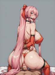 1boy1girl ai_generated ass ball_gag blue_eyes blush bondage chinese_clothes choker cowgirl_position cowgirl_position cum cum_inside erect_nipples from_behind hands_tied_behind_back large_breasts looking_at_viewer megurine_luka penis pink_hair ponytail ribbon solo_focus vaginal_penetration vaginal_sex very_long_hair