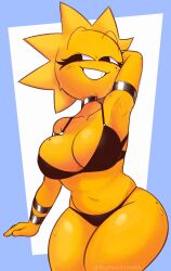 big_breasts big_thighs black_bikini black_bra black_bracelet breasts cartoony helia_(raytheuhhhhhh) oc original original_character raytheuhhhhhh simple_face smile sun sweat tagme thick_thighs thighs traced voluptuous voluptuous_female wet