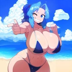 1girls 2d ai_generated bare_shoulders beach belly belly_button big_breasts bikini bikini_only blue_eyes blue_hair blush breasts breasts_bigger_than_head cleavage cowboy_shot day female hips ichirin_kumoi kumoi_ichirin looking_at_viewer medium_hair one_eye_closed open_mouth outdoors pointing_at_viewer ponytail smakiel smile solo source standing steam swimwear swimwear_only tied_hair touhou water_drop wet wide_hips wide_smile wink winking winking_at_viewer