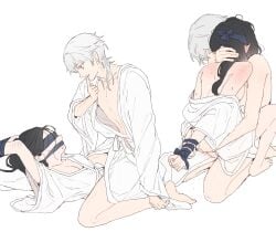 1boy bathrobe black_hair blindfold bondage bondage bound bound_arms commentary_request dal-gi female female_saniwa_(touken_ranbu) finger_to_mouth gagged grey_hair highres korean_commentary long_hair looking_at_another multiple_views simple_background straddling straight touken_ranbu tsurumaru_kuninaga upright_straddle vaginal_penetration white_background yellow_eyes