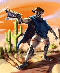 absurd_res casual desert destiny_(character) destiny_(video_game) exo firearm foreskin genitals gun handgun hi_res male male_only outerwear penis puncho ranged_weapon revolver robotic robotic_penis sunset sunshot weapon