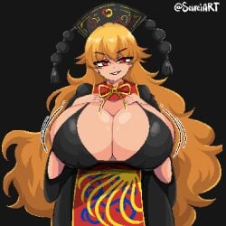 1girls breasts chinese_clothes cleavage female_only junko_(touhou) large_breasts light-skinned_female long_hair looking_at_viewer mature_female milf orange_hair red_eyes seireiart smirking takorin_style touhou