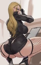 1girls 2d artist_name ashiomi_masato ass black_clothing blonde_hair_female blowjob breasts digital_media_(artwork) female female_focus female_only fishnet_legwear fishnet_stockings from_behind from_behind_position glasses gloves high_heels highres holding_object kalifa kalifa_(one_piece) large_ass large_breasts larger_female legs_apart legwear light-skinned_female one_piece short_dress squatting squatting_position thick_ass thick_thighs thighs watermark