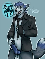 2013 anthro balls black_nose blue_penis bottomless canine canine_penis dialog english_text erection fur furry knot loki looking_at_viewer male male_only necktie open_mouth penis plain_background rokemi sheath solo suit text tongue wolf yellow_eyes