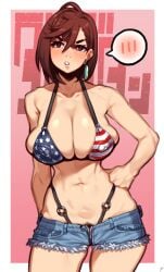 1girls american_flag_bikini american_flag_bikini_top ayase_momo big_breasts brown_hair coffeelove68 dandadan denim_shorts female female_focus female_only gyaru huge_breasts jean_shorts long_hair looking_at_viewer pubic_hair shorts solo solo_female solo_focus