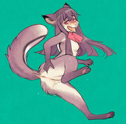 2013 anthro anus ass blush breasts female fur green_background hair long_hair looking_at_viewer murcifer mustelid nude open_mouth plain_background presenting presenting_hindquarters pussy pussy_juice red_eyes simple_background solo teeth tongue weasel