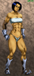 2012 abs bladed_greaves blue_hair cera_(mythcomplex) cleavage clenched_fists curvy detached_sleeves female female_only fighter gauntlets greaves green_eyes head_tilt medium_breasts muscle muscular_female mythcomplex short_hair skin_tight smile solo tan_skin thick_thighs thighs thong